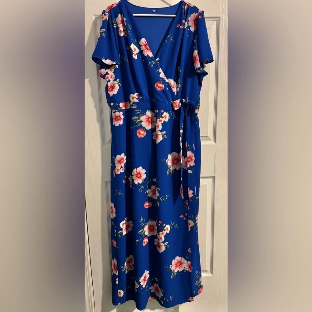Vibrant Floral Dress 18/20 Blue & Botanical Pinks Faux-wrap Midi - Picture 3 of 11
